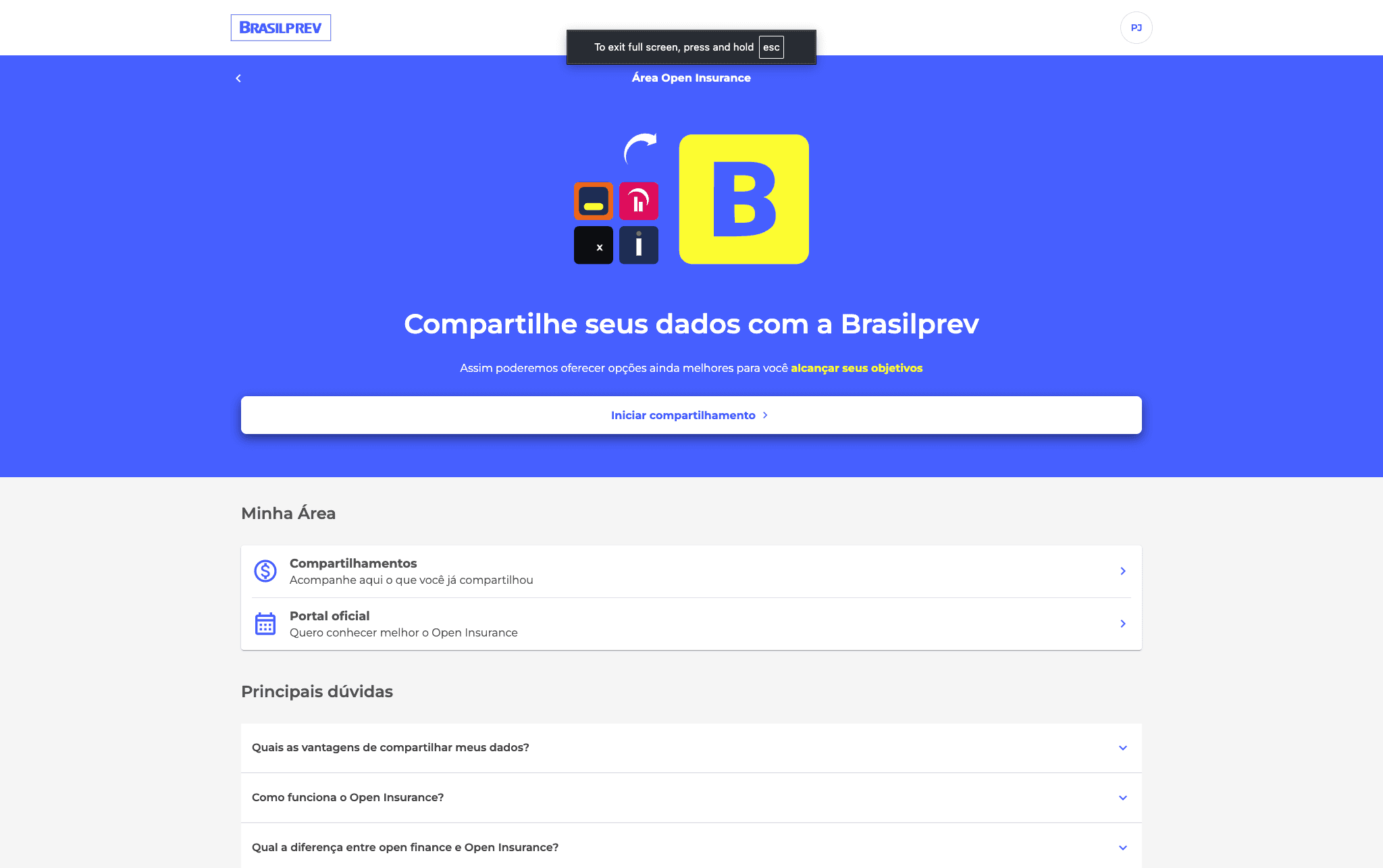 Open Insurance - portal de entrada onde o cliente inicia o fluxo de compartilhamento de dados.