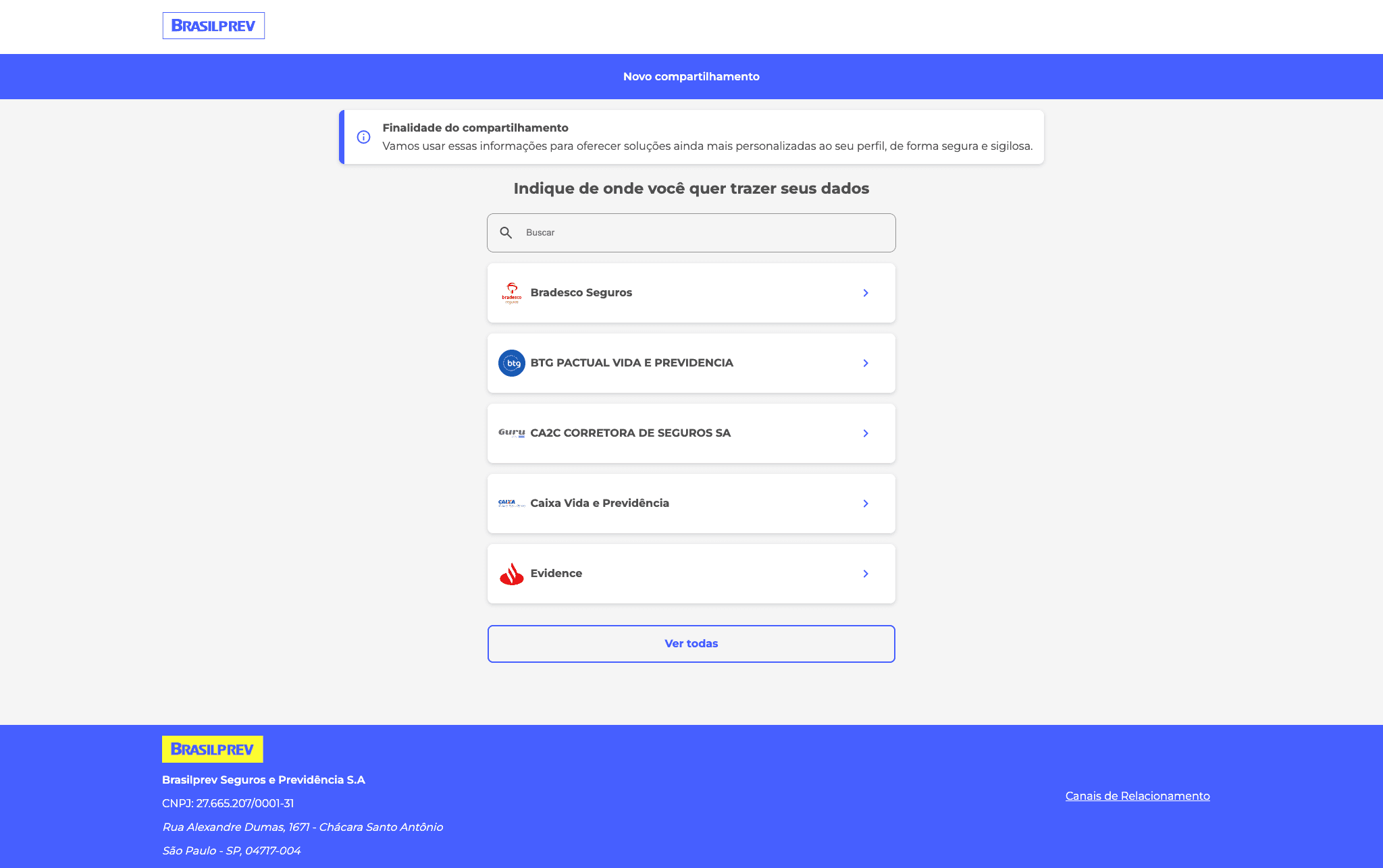 Open Insurance - escolha da instituição participante para compartilhar dados.
