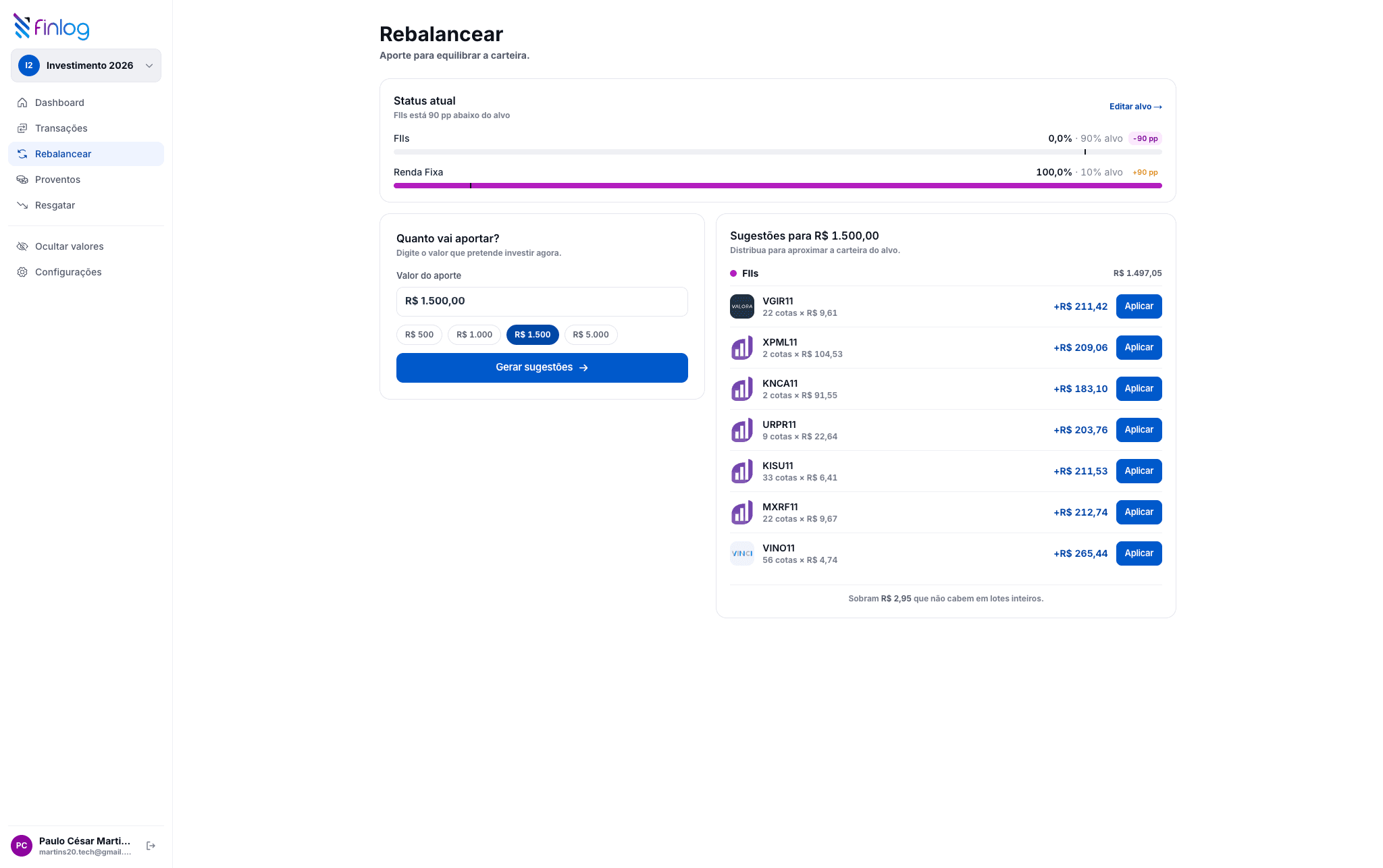 Rebalanceamento - o que comprar pra voltar à meta, pelas regras do próprio usuário.