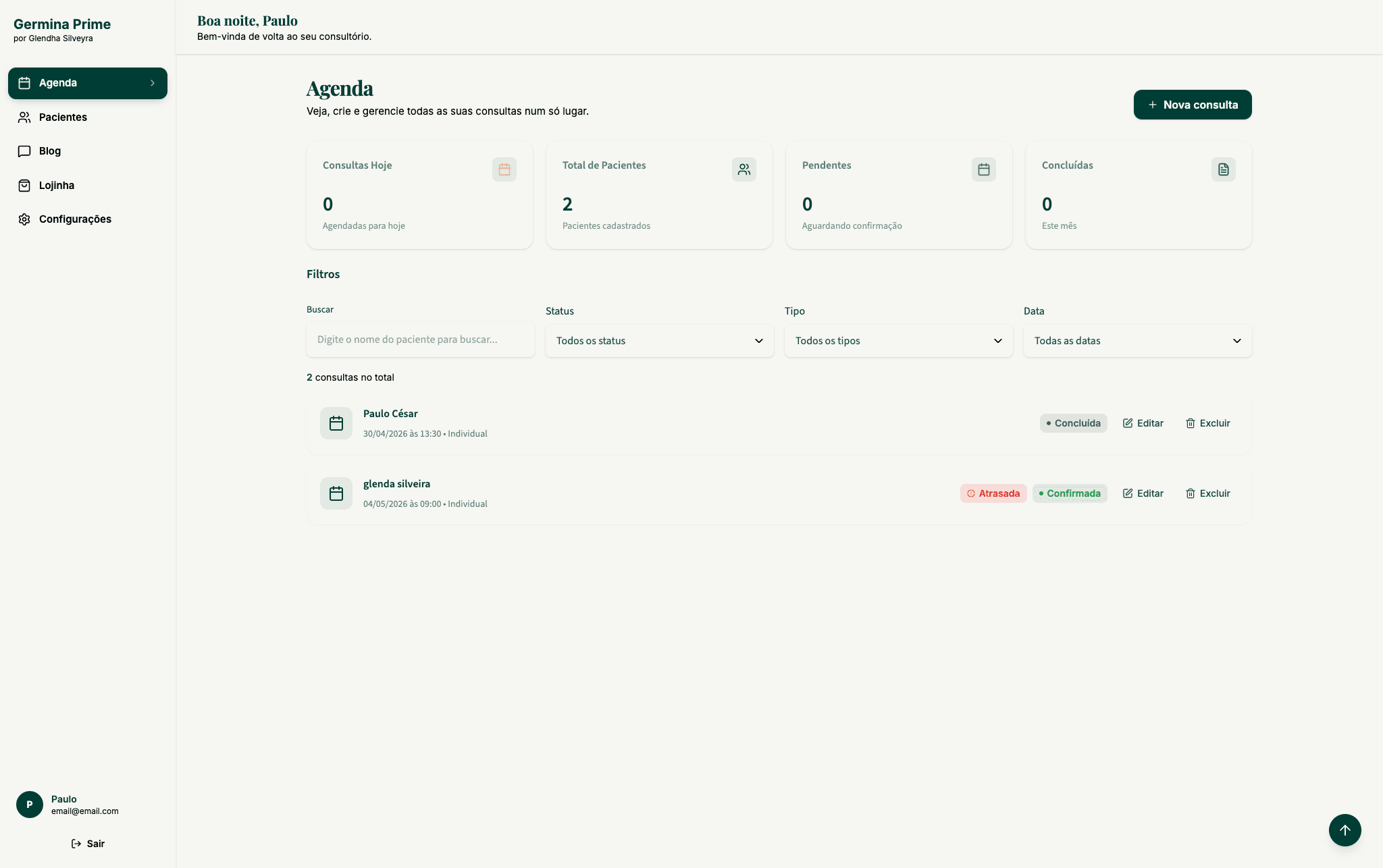 Dashboard admin - consultas, pacientes e loja num lugar só.