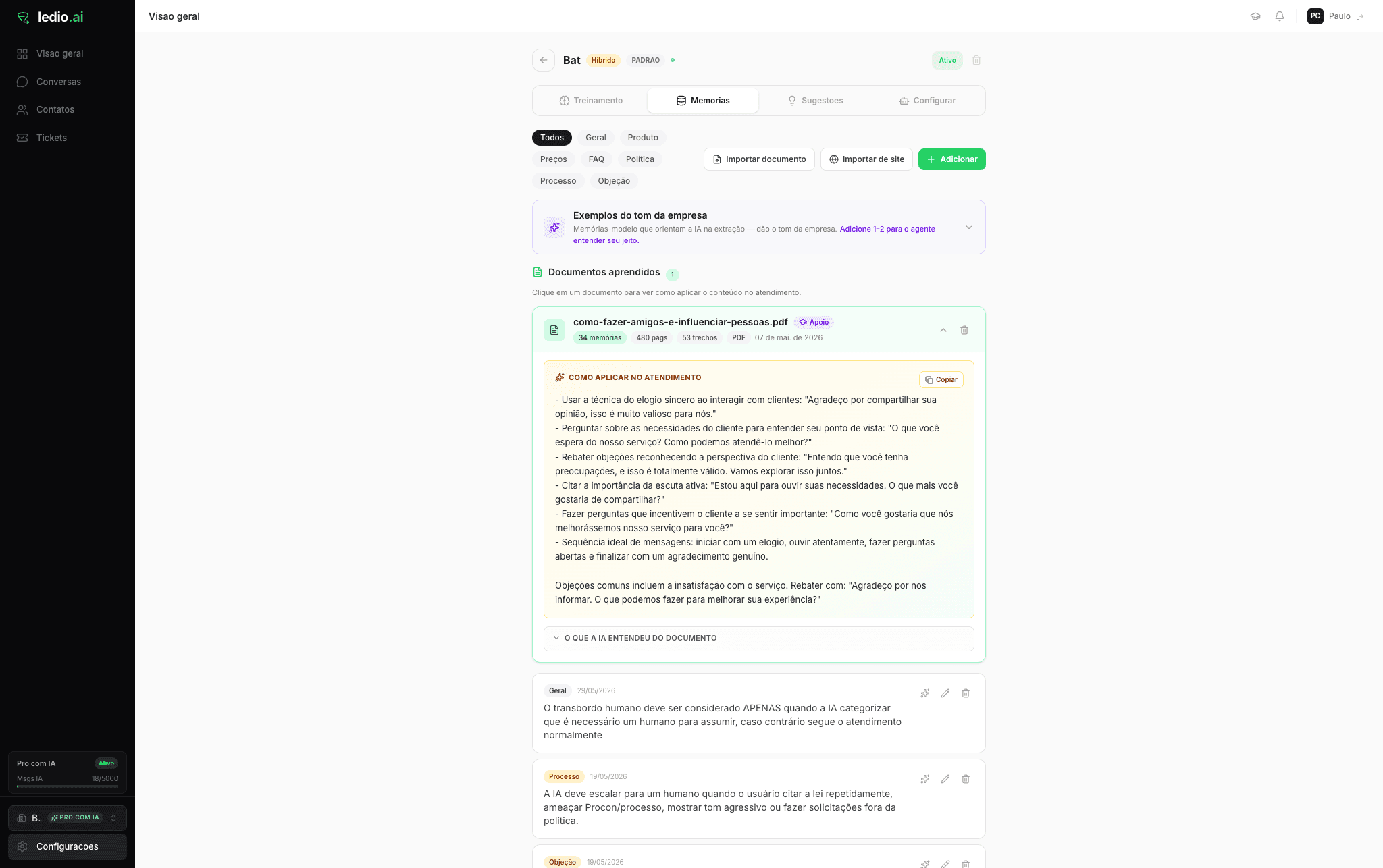 Base de conhecimento - os documentos e scripts de onde o agente aprende.