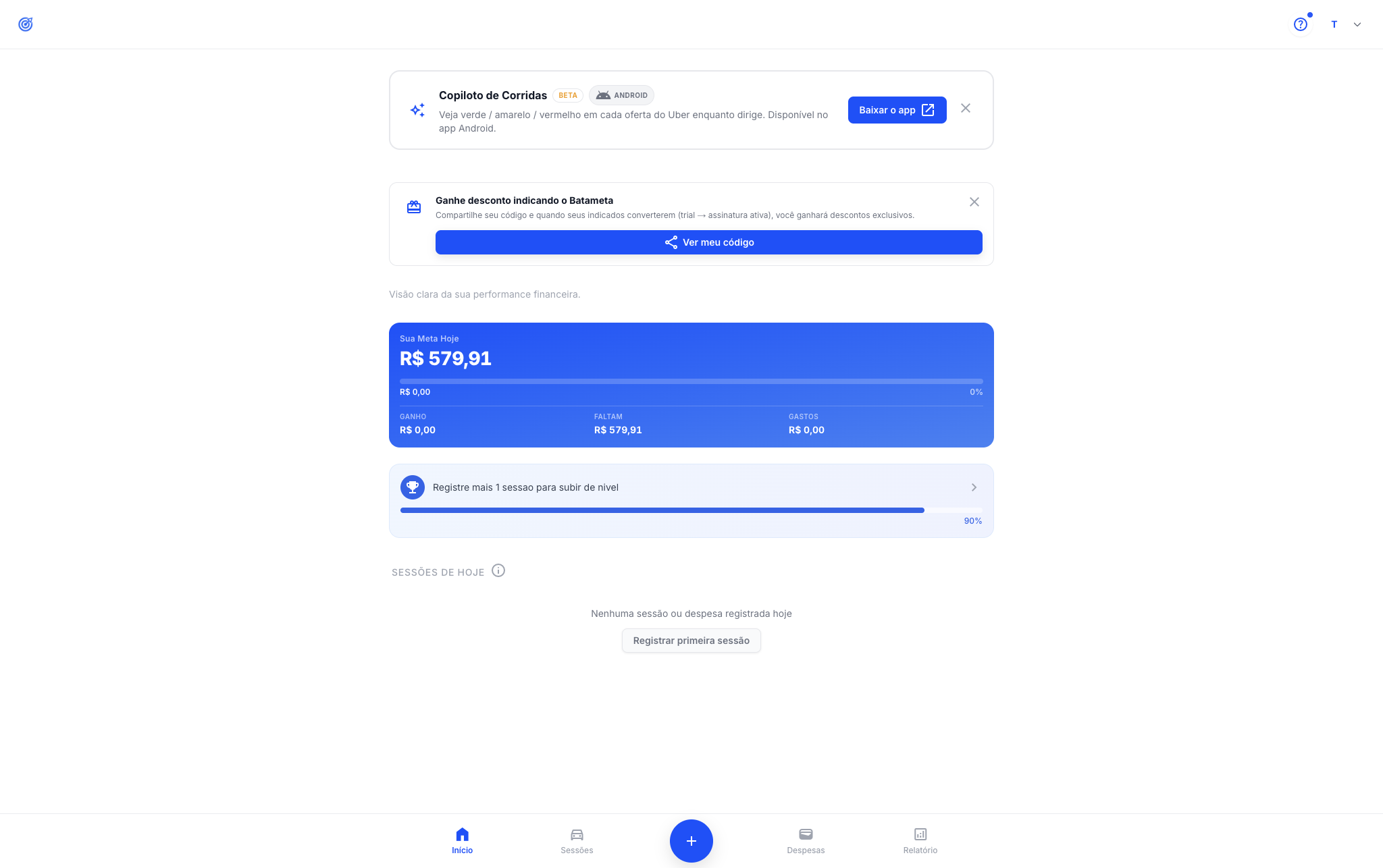 Web app home - daily target dashboard with progress, earnings, costs and pending sessions.