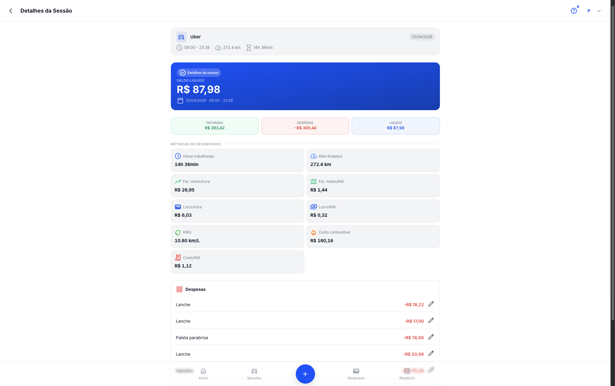 Session detail (web) - gross, costs, net, hours worked, R$/hour and R$/km, with full expense breakdown.