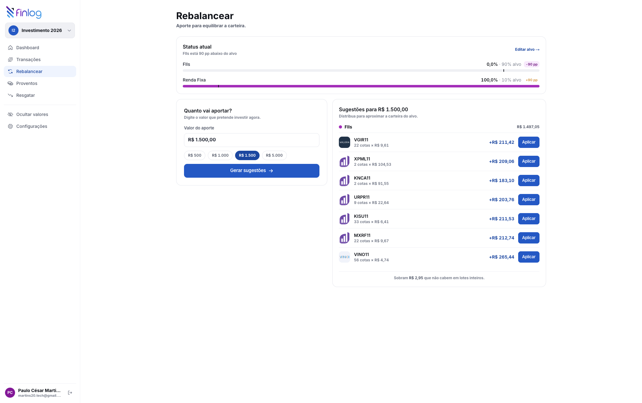 Rebalancing - what to buy to get back to target, by the user's own rules.