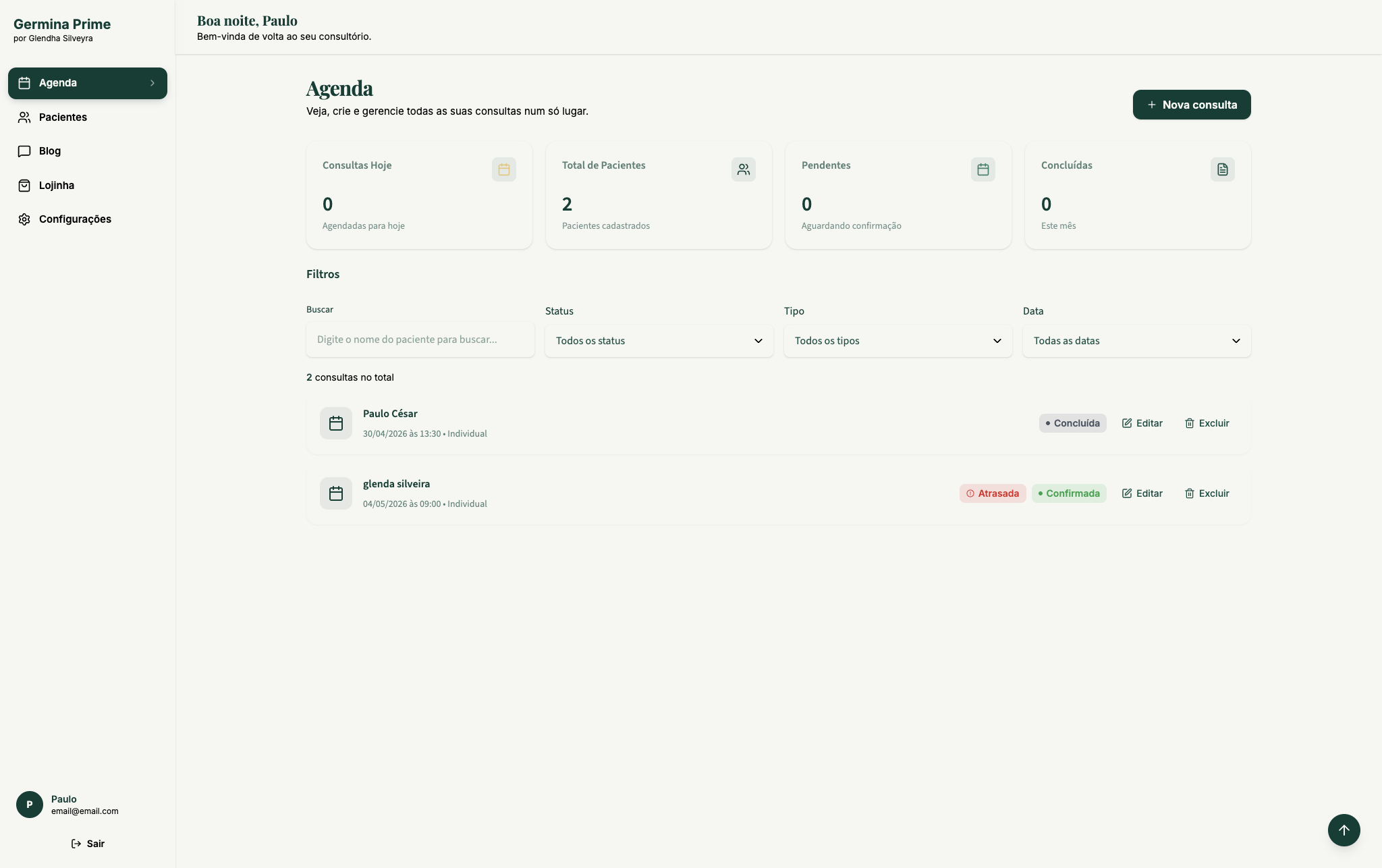 Admin dashboard - appointments, patients and store in one place.