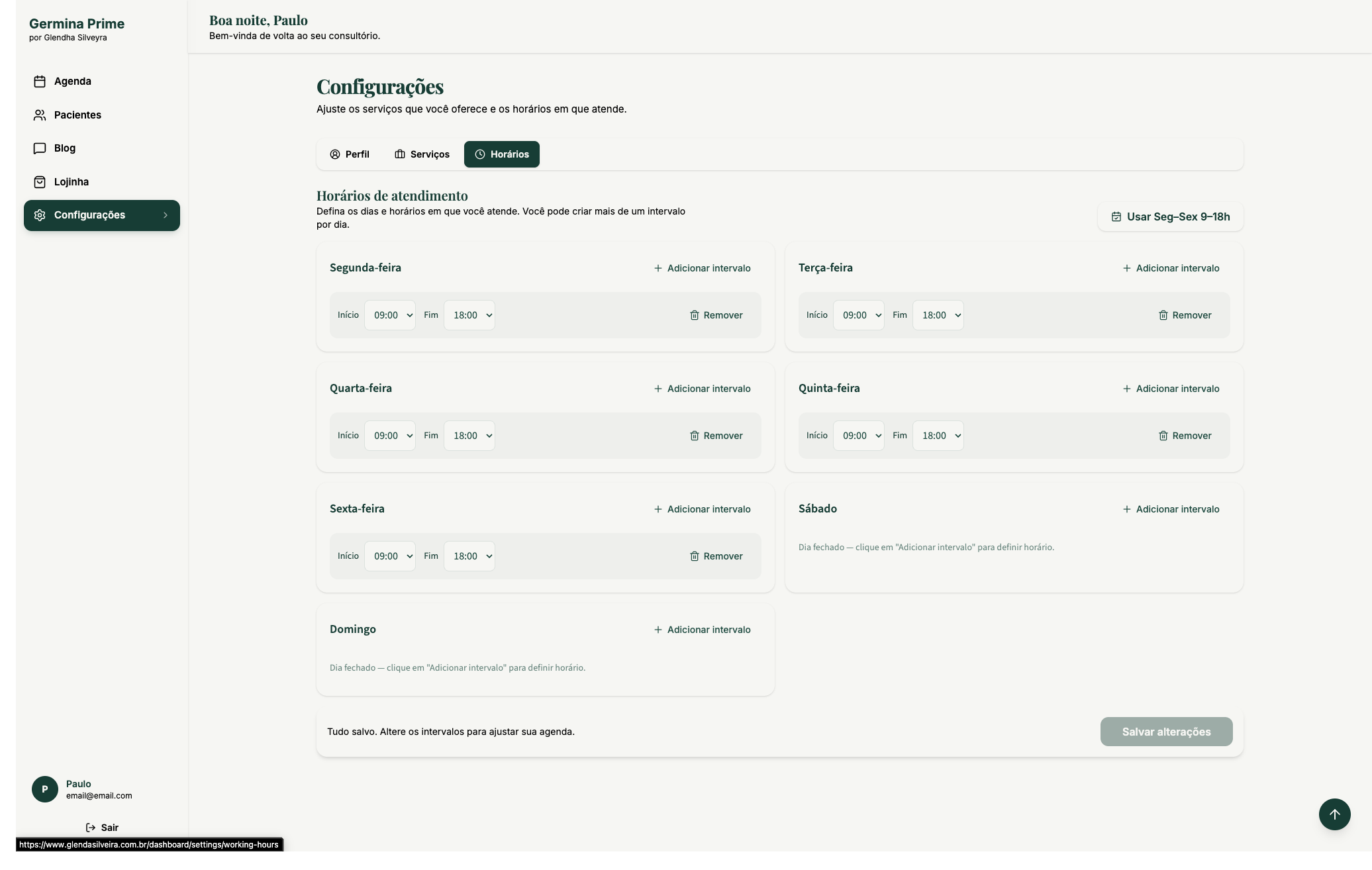 Service & working-hours config - what she offers, when, and for how much.