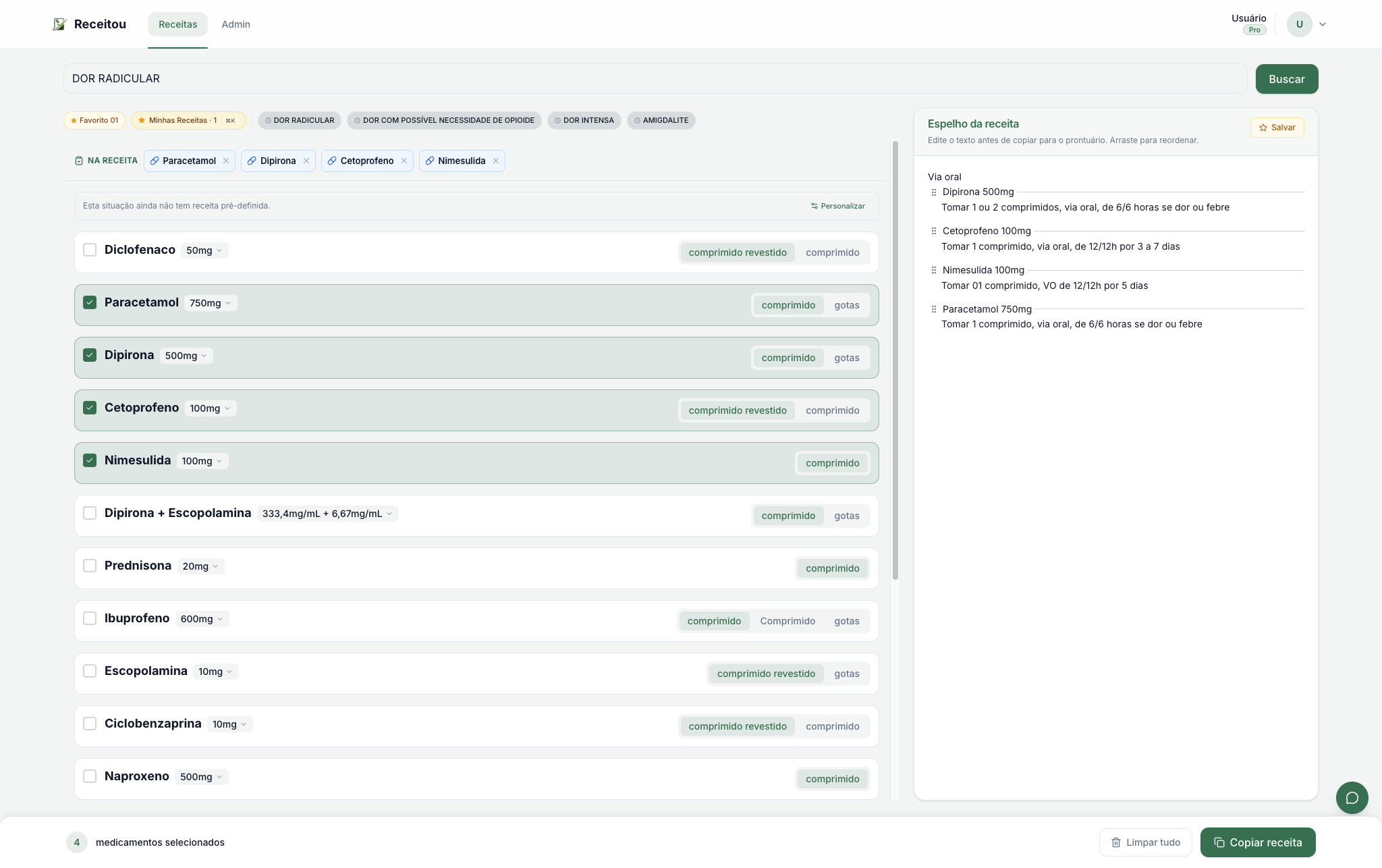 Search by clinical situation - results grouped by pharmacological class.